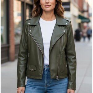 NWOT Scoop Faux Leather Olive Green Moto Jacket Womens Size Medium